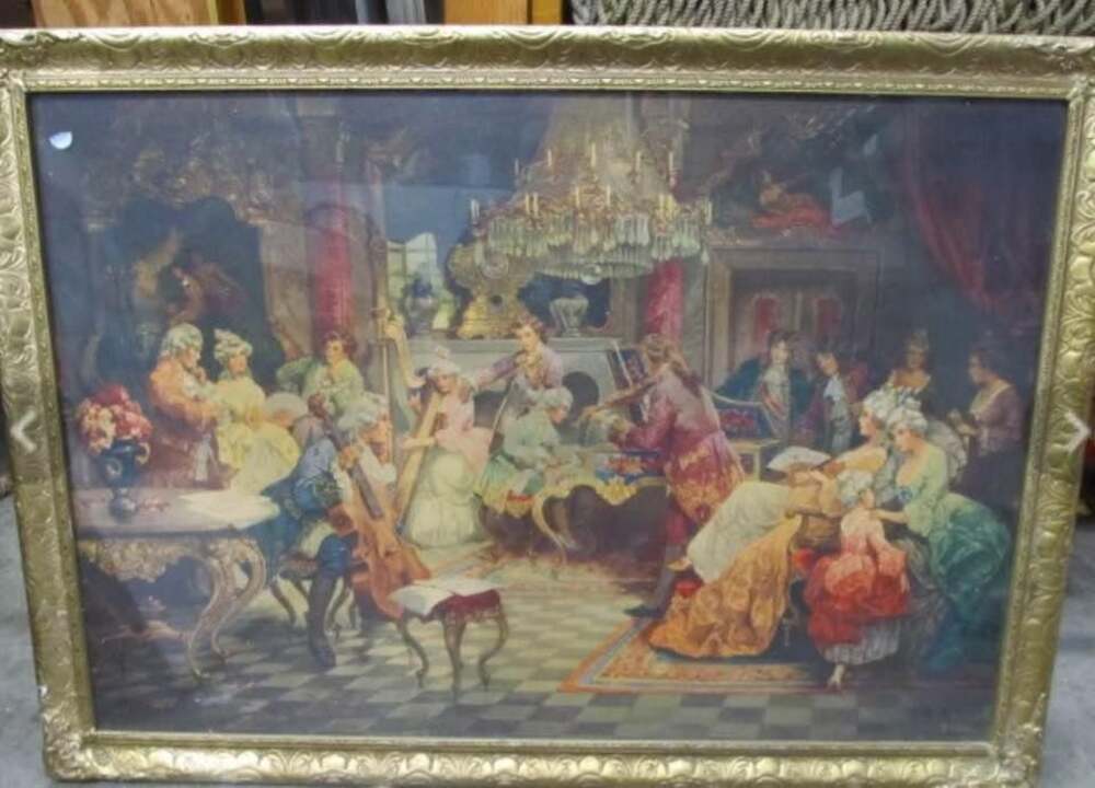 Large Old Vintage Framed George Wohlking Victorian Scene Print